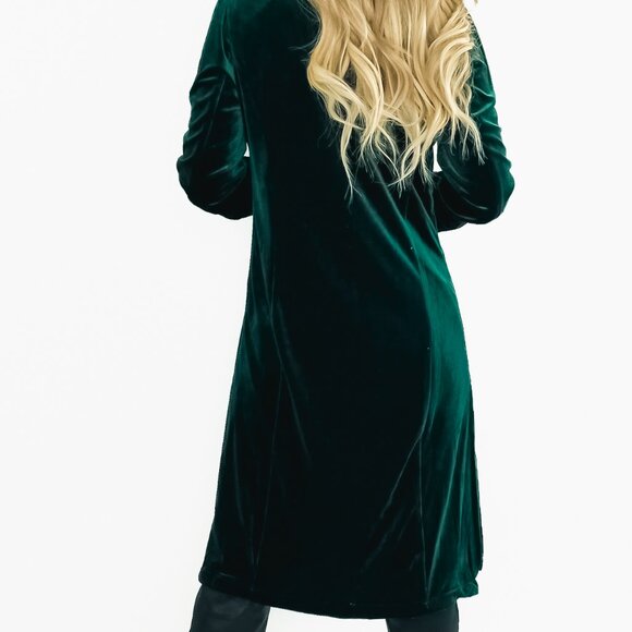 Long Sleeve Velvet Duster Coat with Printed Liner- Hunter Green - Picture 2 of 2